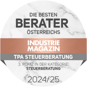 Auszeichnung: Die besten Steuerberater Österreichs 2024/25 - TPA Steuerberatung belegt den 3. Platz in der Kategorie Steuerberatung, verliehen von Industrie Magazin.